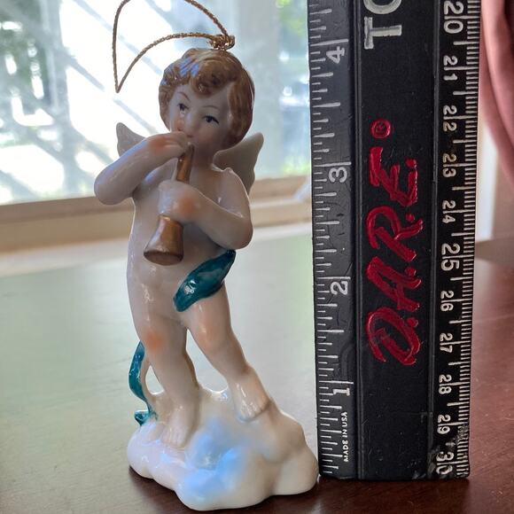 Vintage Cherub Angel Trumpet Ornament On Cloud antique? Wing Winged Chubby fair - Picture 11 of 12